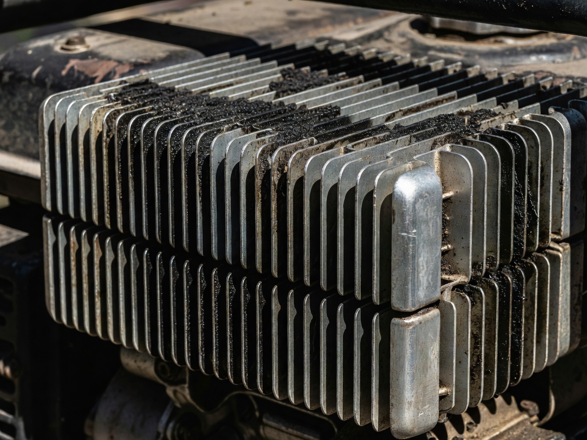 High contrast close up of dirty metal engine cooling fins on a portable generator