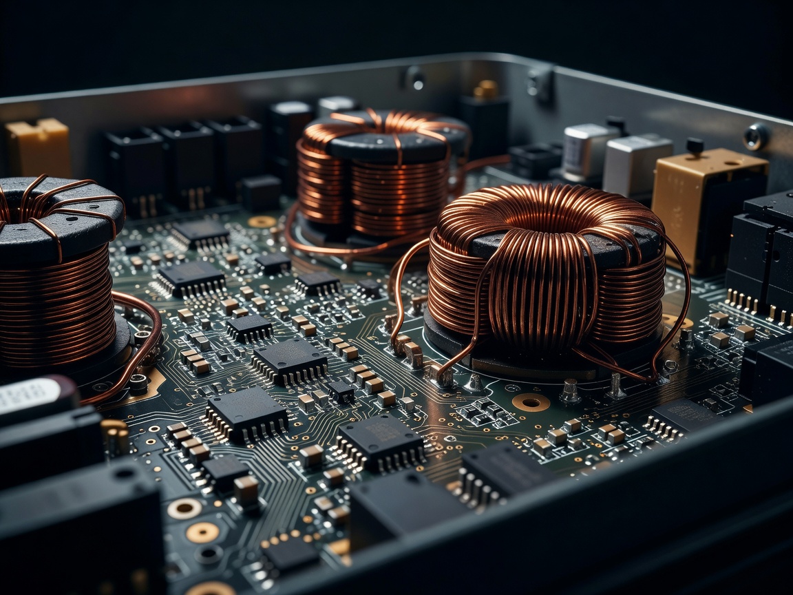 Macro shot of internal circuitry and copper coils of a pure sine wave inverter inside a power station