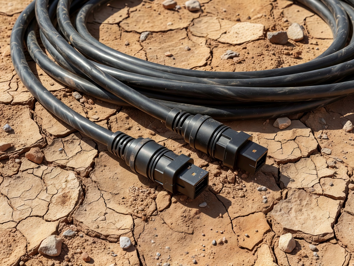 Macro detail of heavy duty MC4 solar cables laying on dry desert earth